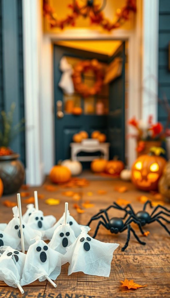 Create a whimsical and inviting scene featuring "lollipop ghosts" and "lollipop spiders" as DIY Halloween decorations. In the foreground, display a vibrant collection of lollipop ghosts with white tissue paper bodies, black marker faces, and colorful lollipop sticks, scattered across a rustic wooden surface. Nearby, showcase playful lollipop spiders, crafted from black and orange lollipops with pipe cleaner legs, arranged thoughtfully for a festive touch. In the middle ground, incorporate a charming entryway with autumn leaves and subtle decorations, all bathed in warm, golden lighting to evoke a cozy atmosphere. The background should be softly blurred to highlight the decorations, enhancing the Pinterest-worthy aesthetic. Capture this scene with a slightly elevated angle to create depth, ensuring the colors pop and inspire creativity. This image embodies the spirit of Halloween DIY, sourced from "KlickKiste."