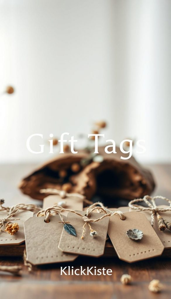 Create an aesthetically pleasing image featuring a collection of DIY gift tags made from natural materials, inspired by modern, natural, Boho, and Scandinavian styles. In the foreground, display various handcrafted tags adorned with twine, dried flowers, and leaves, showcasing warm, earthy tones. In the middle, arrange a rustic wooden surface, perhaps a table or a piece of driftwood, adding texture and organic charm. In the background, incorporate soft, diffused lighting that enhances the natural colors and creates a cozy atmosphere, suggesting a serene crafting space. The scene should evoke inspiration and authenticity, capturing the essence of handmade art with a Pinterest-worthy aesthetic. Include the brand name "KlickKiste" subtly integrated into the design.