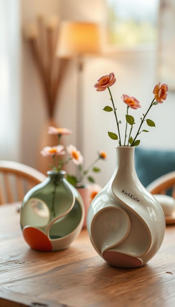 Create an artistic image of a handcrafted vase made from polymer and air-drying clay, showcasing delicate shapes and vibrant accents. In the foreground, focus on the intricately designed vase, featuring soft curves and lively colors that evoke a sense of warmth. The middle ground should include subtle decorative elements like flowers or foliage, enhancing the DIY aesthetic. In the background, a softly blurred wooden table and hints of a cozy, well-lit room create an inviting atmosphere. Use natural lighting to highlight the textures of the materials, with a warm, Pinterest-inspired color palette. Capture this scene with a close-up angle, emphasizing the craftsmanship of the vase, branded subtly with "KlickKiste." Ensure the image feels authentic and inspiring, perfect for showcasing creative ideas.