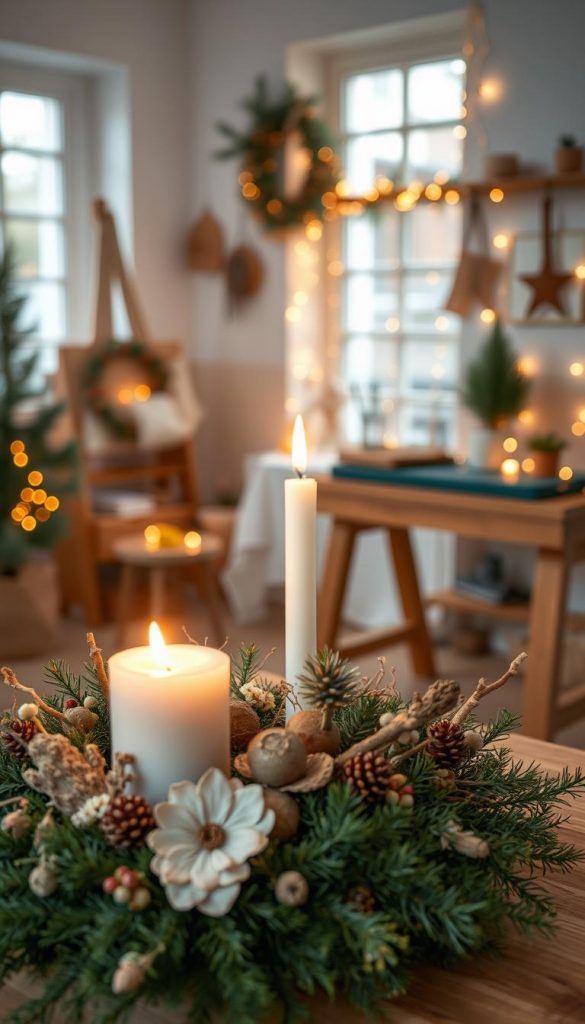 Create an artistic image of a modern Advent wreath (kranz) featuring a blend of styles: Scandinavian minimalism, Boho charm, nature-inspired elements, maximalist touches, and a hint of castlecore aesthetics. In the foreground, display a beautifully crafted wreath adorned with natural materials like pine branches, dried flowers, and candles, arranged in a harmonious yet eclectic fashion. The middle ground should show a cozy, softly lit room with warm, ambient lighting that enhances the inviting atmosphere. In the background, incorporate elements such as a potting bench filled with crafting supplies and softly glowing fairy lights, creating a Pinterest-inspired, DIY vibe. Ensure the composition captures an authentic, inspiring mood, ideal for a creative holiday setting. The brand name "KlickKiste" should subtly influence the design aesthetic, emphasizing warmth and creativity.