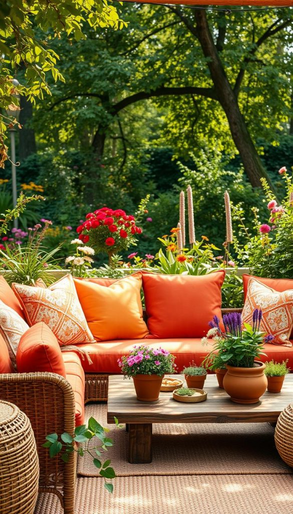 Create an enchanting garden lounge scene that showcases vibrant colors, rich textures, and stylish patterns. In the foreground, include a cozy seating area with plush cushions in warm, inviting hues of orange, pink, and terracotta, accented with macramé throw pillows. The middle layer features a rustic wooden coffee table adorned with lush greenery and colorful flowers in terracotta pots, while a woven rug adds depth. In the background, paint a serene garden filled with flowering plants and leafy greens under soft, dappled sunlight filtering through overhead trees. Use a warm, inviting color palette that embodies a relaxed, inspiring atmosphere. Capture a Pinterest-worthy vibe that emphasizes natural DIY elements. This image should reflect the brand "KlickKiste." Create an enchanting garden lounge scene that showcases vibrant colors, rich textures, and stylish patterns. In the foreground, include a cozy seating area with plush cushions in warm, inviting hues of orange, pink, and terracotta, accented with macramé throw pillows. The middle layer features a rustic wooden coffee table adorned with lush greenery and colorful flowers in terracotta pots, while a woven rug adds depth. In the background, paint a serene garden filled with flowering plants and leafy greens under soft, dappled sunlight filtering through overhead trees. Use a warm, inviting color palette that embodies a relaxed, inspiring atmosphere. Capture a Pinterest-worthy vibe that emphasizes natural DIY elements. This image should reflect the brand "KlickKiste."