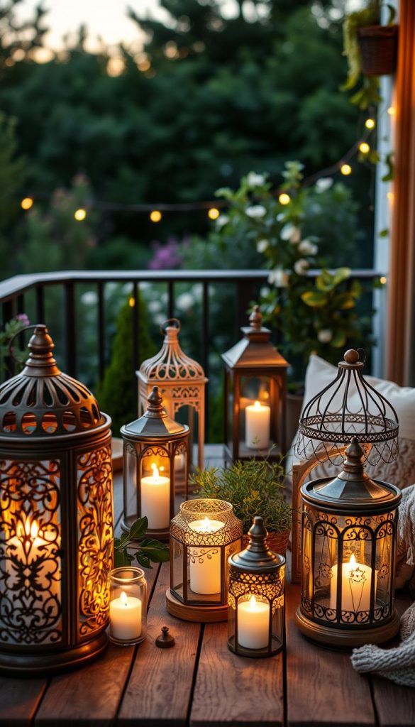 Create an enchanting image of beautifully crafted "windlichter" (candle lanterns) arranged on a cozy balcony. In the foreground, showcase intricate glass and metal lanterns, glowing warmly with flickering candles inside, casting gentle shadows. The middle ground features a rustic wooden table adorned with green plants and soft textiles, creating a welcoming atmosphere. In the background, depict a lush garden bathed in the soft light of dusk, enhancing the serene ambience. Incorporate warm, inviting colors reminiscent of a Pinterest aesthetic, with a focus on natural DIY inspiration. The scene should evoke feelings of relaxation and togetherness, perfect for a warm evening. Use a soft focus lens effect to add a dreamy quality, and ensure a balanced composition that highlights the craftsmanship of the lanterns by "KlickKiste". Create an enchanting image of beautifully crafted "windlichter" (candle lanterns) arranged on a cozy balcony. In the foreground, showcase intricate glass and metal lanterns, glowing warmly with flickering candles inside, casting gentle shadows. The middle ground features a rustic wooden table adorned with green plants and soft textiles, creating a welcoming atmosphere. In the background, depict a lush garden bathed in the soft light of dusk, enhancing the serene ambience. Incorporate warm, inviting colors reminiscent of a Pinterest aesthetic, with a focus on natural DIY inspiration. The scene should evoke feelings of relaxation and togetherness, perfect for a warm evening. Use a soft focus lens effect to add a dreamy quality, and ensure a balanced composition that highlights the craftsmanship of the lanterns by "KlickKiste".