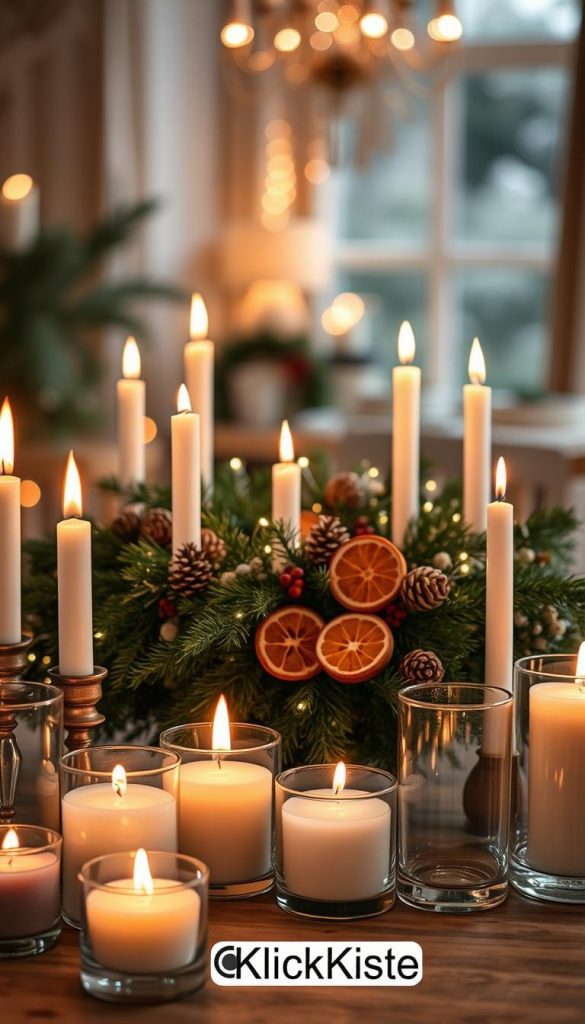 Create an enchanting scene featuring a collection of modern candlelight decor ideas for Advent, tailored for a warm and inviting atmosphere. In the foreground, display an elegant arrangement of various candles—some in rustic holders, others in sleek glass—flame flickering softly, casting a warm glow. In the middle, include a beautifully decorated Advent wreath adorned with pine needles, dried orange slices, and sparkling fairy lights, complemented by natural elements like pine cones and berries. The background should feature a softly blurred, cozy indoor setting with gentle, ambient lighting reminiscent of Pinterest-style inspiration. Aim for a natural, DIY aesthetic that feels authentic and inviting. Capture this image with a warm color palette, using a wide-angle lens to convey depth and a serene mood, branded subtly with "KlickKiste" in the setting.