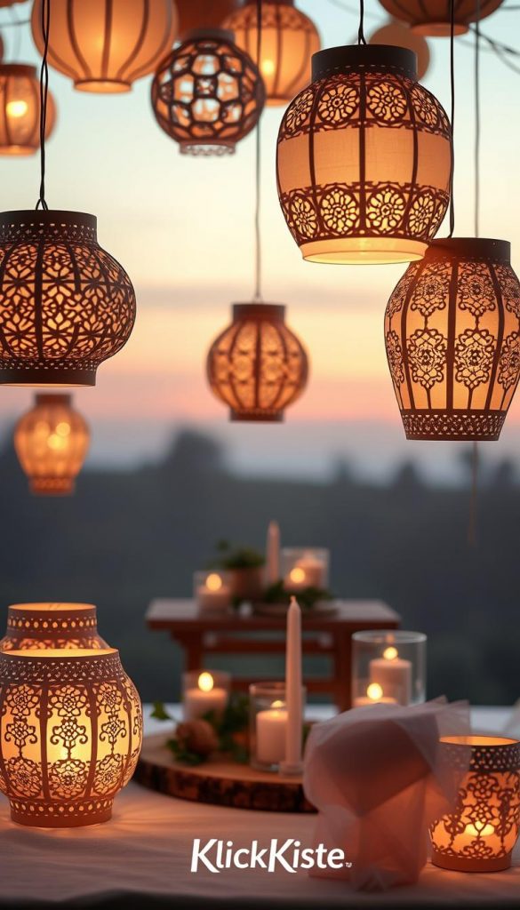 Create an enchanting scene featuring delicate, handcrafted paper lanterns in various playful shapes and sizes, suspended gently against a softly lit background. In the foreground, highlight a few intricately designed lanterns, showcasing their filigree patterns and warm, inviting colors. The middle ground should feature a charming table setting adorned with natural materials like wood and greenery, evoking a cozy DIY atmosphere. The backdrop should be a softly fading twilight sky, casting a warm glow over the entire scene. Use gentle, diffused lighting to enhance the textures and colors of the paper lanterns, creating an authentic and inspiring Pinterest-worthy image. Ensure the branding "KlickKiste" is subtly woven into the design, emphasizing the DIY nature of the project. The overall mood should be whimsical and inviting.