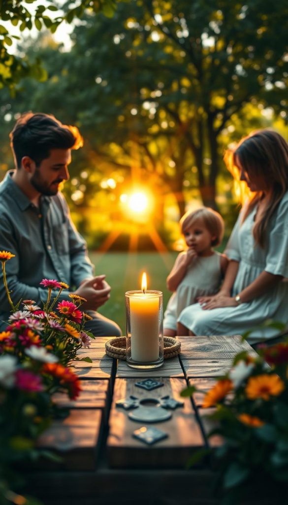 Create an enchanting scene of a small sun ritual that embodies the essence of summer wishes. In the foreground, depict a cozy outdoor setting featuring a wooden table adorned with a glowing candle waiting to be lit, surrounded by vibrant flowers and greenery. A family of three&mdash;two adults and a child&mdash;dressed in modest, casual summer attire, are softly whispering their wishes to the candle while preparing to ignite its flame. In the middle ground, showcase gentle sunlight filtering through leaves, casting dappled shadows on their faces, highlighting their expressions of hope and joy. In the background, include soft silhouettes of trees bathed in golden sunlight, evoking a warm, inviting atmosphere. Aim for a natural aesthetic with warm colors, inspired by Pinterest visuals, conveying an authentic and inspirational vibe for "KlickKiste".