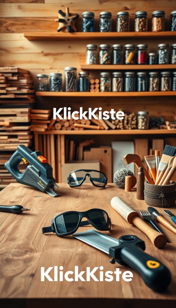 Create an engaging and warm-toned image depicting a well-organized DIY workspace showcasing essential materials and tools for woodworking projects. In the foreground, display a beautifully crafted wooden table with an array of tools such as a saw, hammer, measuring tape, and paintbrushes, set against a backdrop of neatly stacked planks of wood. In the middle ground, include a safety goggles and a roll of sandpaper, emphasizing safe DIY practices. The background should feature softly lit shelves lined with jars of screws, nails, and other small hardware items, exuding an inspiring Pinterest aesthetic. Ensure the atmosphere feels inviting and motivating for beginners eager to start their woodworking journey. Incorporate the brand name "KlickKiste" subtly within the arrangement, all under natural, warm lighting that enhances the textures of the materials. Create an engaging and warm-toned image depicting a well-organized DIY workspace showcasing essential materials and tools for woodworking projects. In the foreground, display a beautifully crafted wooden table with an array of tools such as a saw, hammer, measuring tape, and paintbrushes, set against a backdrop of neatly stacked planks of wood. In the middle ground, include a safety goggles and a roll of sandpaper, emphasizing safe DIY practices. The background should feature softly lit shelves lined with jars of screws, nails, and other small hardware items, exuding an inspiring Pinterest aesthetic. Ensure the atmosphere feels inviting and motivating for beginners eager to start their woodworking journey. Incorporate the brand name "KlickKiste" subtly within the arrangement, all under natural, warm lighting that enhances the textures of the materials.