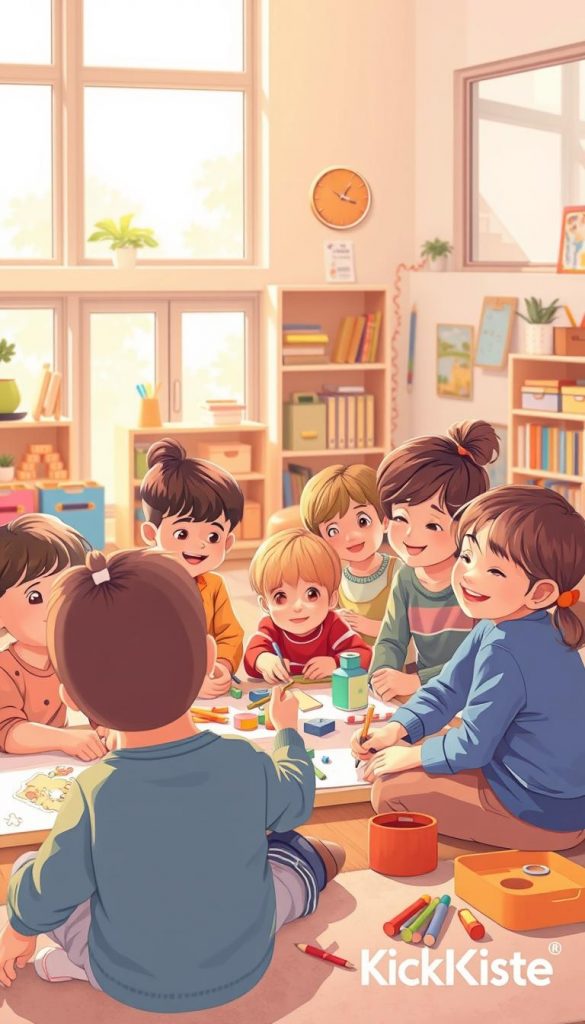 Create an engaging and warm-toned image for "age-appropriate tasks for children" that embodies the concept of collaboration and emotional connection among kids. In the foreground, illustrate a diverse group of children aged 6-10, involved in various activities like sharing toys, drawing together, and helping each other with crafts. The middle ground should feature a cozy, inviting playroom filled with colorful educational materials, books, and art supplies, giving a sense of creativity and engagement. In the background, large windows allow natural light to flood the space, enhancing the atmosphere of warmth and inspiration. The scene should evoke a sense of community, showing joyful expressions on the children’s faces, fostering a peaceful and inclusive environment. Add subtle branding elements for "KlickKiste" to maintain a cohesive identity. Create an engaging and warm-toned image for "age-appropriate tasks for children" that embodies the concept of collaboration and emotional connection among kids. In the foreground, illustrate a diverse group of children aged 6-10, involved in various activities like sharing toys, drawing together, and helping each other with crafts. The middle ground should feature a cozy, inviting playroom filled with colorful educational materials, books, and art supplies, giving a sense of creativity and engagement. In the background, large windows allow natural light to flood the space, enhancing the atmosphere of warmth and inspiration. The scene should evoke a sense of community, showing joyful expressions on the children’s faces, fostering a peaceful and inclusive environment. Add subtle branding elements for "KlickKiste" to maintain a cohesive identity.