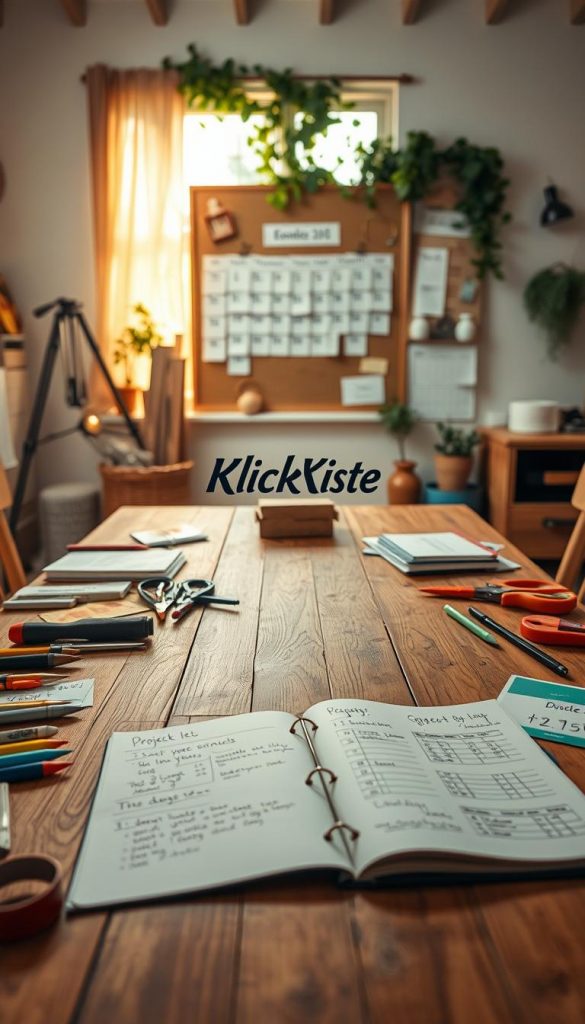 Create an image depicting a cozy and inspiring workspace for planning DIY upcycling projects. In the foreground, include a large wooden table scattered with tools, colorful materials, and an open notebook featuring sketches and notes on budgeting and timelines. In the middle, a well-organized corkboard displays project ideas, along with a calendar marked with deadlines. In the background, warm, natural light filters in through a window adorned with greenery, enhancing the inviting atmosphere. The overall mood should be motivational and creative, suggesting a charming, Pinterest-like aesthetic. Ensure the design incorporates the brand name "KlickKiste" subtly in the workspace environment, while focusing on authenticity and inspiration for a DIY enthusiast. Use soft, warm color tones and a slightly blurred perspective to create depth and ambiance. Create an image depicting a cozy and inspiring workspace for planning DIY upcycling projects. In the foreground, include a large wooden table scattered with tools, colorful materials, and an open notebook featuring sketches and notes on budgeting and timelines. In the middle, a well-organized corkboard displays project ideas, along with a calendar marked with deadlines. In the background, warm, natural light filters in through a window adorned with greenery, enhancing the inviting atmosphere. The overall mood should be motivational and creative, suggesting a charming, Pinterest-like aesthetic. Ensure the design incorporates the brand name "KlickKiste" subtly in the workspace environment, while focusing on authenticity and inspiration for a DIY enthusiast. Use soft, warm color tones and a slightly blurred perspective to create depth and ambiance.