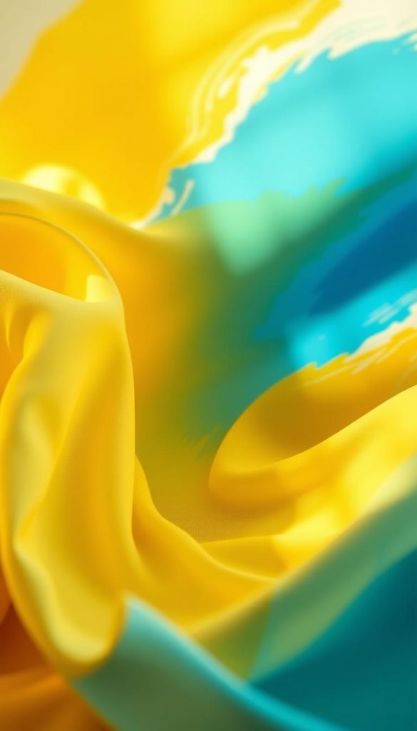 Create an image featuring an analog harmonious color scheme focusing on yellow and blue tones, showcasing a smooth transition between these adjacent colors. In the foreground, include soft, flowing fabric draped elegantly, reflecting shades of warm yellow into cool blue. The middle ground should feature abstract shapes or brush strokes that blend these colors seamlessly, creating a dynamic but calming visual flow. In the background, use a soft-focus approach with a gradient of yellow and blue, enhancing the feeling of depth and harmony. Illuminate the scene with warm, natural lighting to evoke a cozy atmosphere, akin to a Pinterest-inspired DIY aesthetic. This composition should be authentically inspiring, aligning with the brand "KlickKiste."
