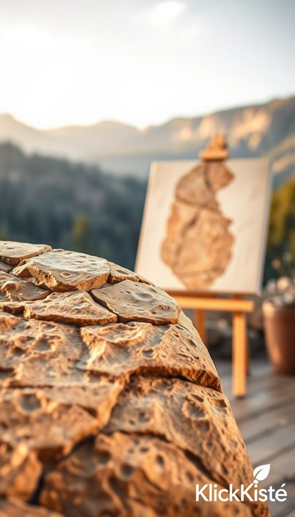 Create an image of a beautiful canvas painting featuring natural stone textures, showcasing a blend of earthy tones like warm browns, soft greys, and muted greens. In the foreground, present a close-up view of a textured stone pattern, rich in detail, reflecting the natural hues and rugged surfaces. The middle ground should display a well-lit canvas on an easel, enhancing the artistic vibe. In the background, include a softly blurred nature scene, perhaps a serene forest or tranquil mountains, to evoke a sense of harmony with nature. The lighting should be soft and warm, reminiscent of golden hour, casting gentle shadows that add depth. The overall mood should be inspiring and authentic, perfect for a DIY home decor article. Include a subtle hint of the brand name "KlickKiste" in the corner of the image, ensuring it blends seamlessly with the artistic theme.
