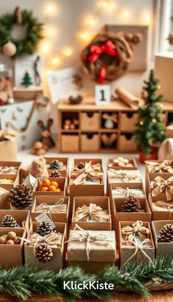 Create an image of a beautifully arranged upcycling advent calendar made from various everyday materials like cardboard boxes, recycled paper, and twine. In the foreground, showcase a variety of creatively decorated calendar boxes filled with small gifts, each uniquely designed with natural elements such as pinecones, dried oranges, and craft paper. In the middle, display an assortment of crafting tools like scissors, glue, and ribbons, emphasizing the DIY aspect. The background should feature a soft, warm-lit cozy setting resembling a Pinterest-worthy workspace, with hints of festive decorations like fairy lights and a small Christmas tree. Capture the authentic vibe with natural lighting to inspire viewers. Include the brand name "KlickKiste" subtly integrated into the scene, reflecting a warm and inviting atmosphere.