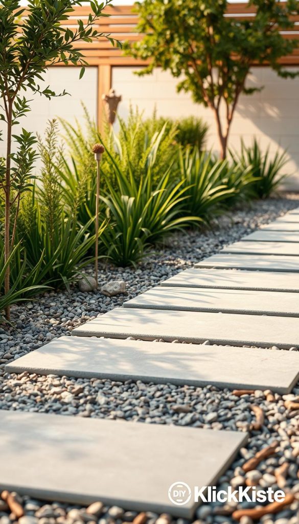 Create an image of a modern garden pathway featuring large, rectangular stone slabs arranged in a minimalist design over a bed of decorative gravel. In the foreground, showcase a close-up view of the stone slabs, highlighting their textures and earthy colors. The middle ground should include lush greenery and low-maintenance plants that complement the stone pathway, set against a soft, naturally composed backdrop. Use warm, natural lighting to evoke a serene and inviting atmosphere, reminiscent of a cozy afternoon in a garden. Aim for an authentic, Pinterest-worthy aesthetic that inspires DIY home improvement. Ensure there are no text elements or distractions. Include a subtle branding element of "KlickKiste" in the bottom right corner to connect with the DIY theme. Create an image of a modern garden pathway featuring large, rectangular stone slabs arranged in a minimalist design over a bed of decorative gravel. In the foreground, showcase a close-up view of the stone slabs, highlighting their textures and earthy colors. The middle ground should include lush greenery and low-maintenance plants that complement the stone pathway, set against a soft, naturally composed backdrop. Use warm, natural lighting to evoke a serene and inviting atmosphere, reminiscent of a cozy afternoon in a garden. Aim for an authentic, Pinterest-worthy aesthetic that inspires DIY home improvement. Ensure there are no text elements or distractions. Include a subtle branding element of "KlickKiste" in the bottom right corner to connect with the DIY theme.