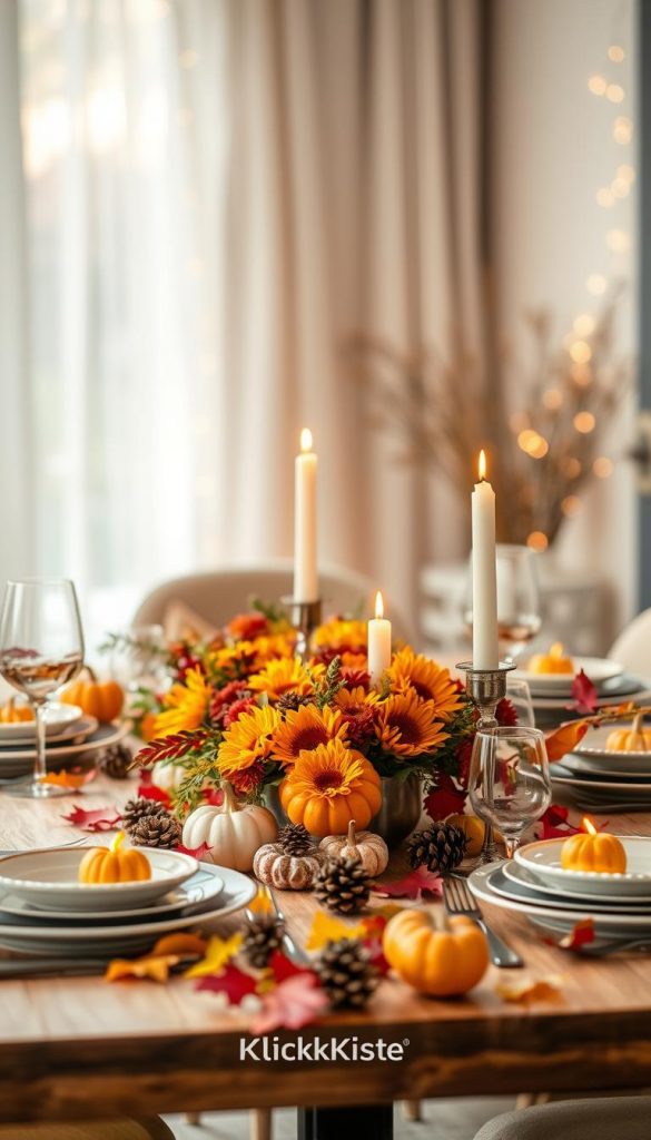 Create an image representing "herbst" in a modern table setting for a seasonal decoration theme. In the foreground, feature a beautifully arranged table adorned with warm, autumnal colors—rich oranges, deep reds, and golden yellows. Incorporate natural elements like pinecones, colorful leaves, and small pumpkins artistically scattered among elegant tableware. In the middle, showcase a centerpiece of vibrant seasonal flowers, such as chrysanthemums and sunflowers, accented by flickering candles in rustic holders. The background should display a cozy setting, perhaps with softly draped fabric and softly blurred fairy lights twinkling gently, creating a warm and inviting atmosphere. Use soft, natural lighting to enhance the scene, evoking a sense of comfort and inspiration. The overall mood should feel authentically DIY, reminiscent of a Pinterest aesthetic. Include the brand name "KlickKiste" subtly integrated into the design elements.