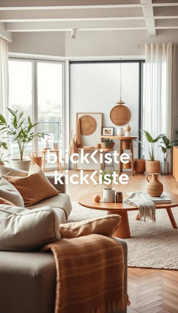 Create an image showcasing the concept of "proportionen" in interior design for the year 2026. In the foreground, depict beautifully arranged furniture pieces, including a modern sofa and a stylish coffee table, with an emphasis on balanced proportions. In the middle, illustrate a stylish room with a mix of decor styles – Scandinavian minimalism and bohemian elements – featuring warm colors and natural materials. In the background, show a large window allowing soft, diffused daylight to fill the room, enhancing the inviting atmosphere. Use a wide-angle lens to capture a sense of space and comfort. The overall mood should be cozy and inspiring, reflecting the essence of authentic DIY aesthetics with a Pinterest-inspired look. Incorporate the brand name "KlickKiste" subtly within the decor elements, ensuring it remains an integral part of the design without compromising the visual harmony.