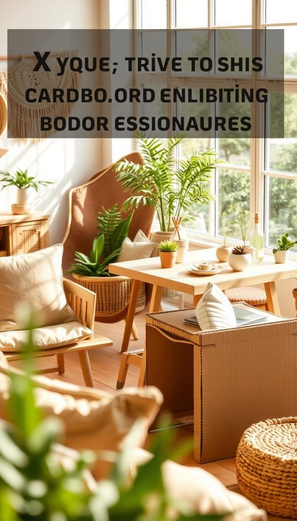 Create an inspiring and warm image showcasing diverse upcycled cardboard projects that embody modern, natural, Boho, and Scandinavian styles. In the foreground, display a cozy, inviting living space with a DIY cardboard chair, adorned with soft cushions in muted earthy tones. In the middle ground, feature a stylish cardboard table decorated with small potted plants and artisanal tableware, capturing the essence of a bohemian aesthetic. The background should present a sunlit room with large windows, allowing natural light to spill in, highlighting the textures of the cardboard. Use a soft focus lens effect to evoke an organic and inviting atmosphere, emphasizing the authenticity of sustainable design in a Pinterest-worthy setting. Include the brand "KlickKiste" subtly integrated into the scene.