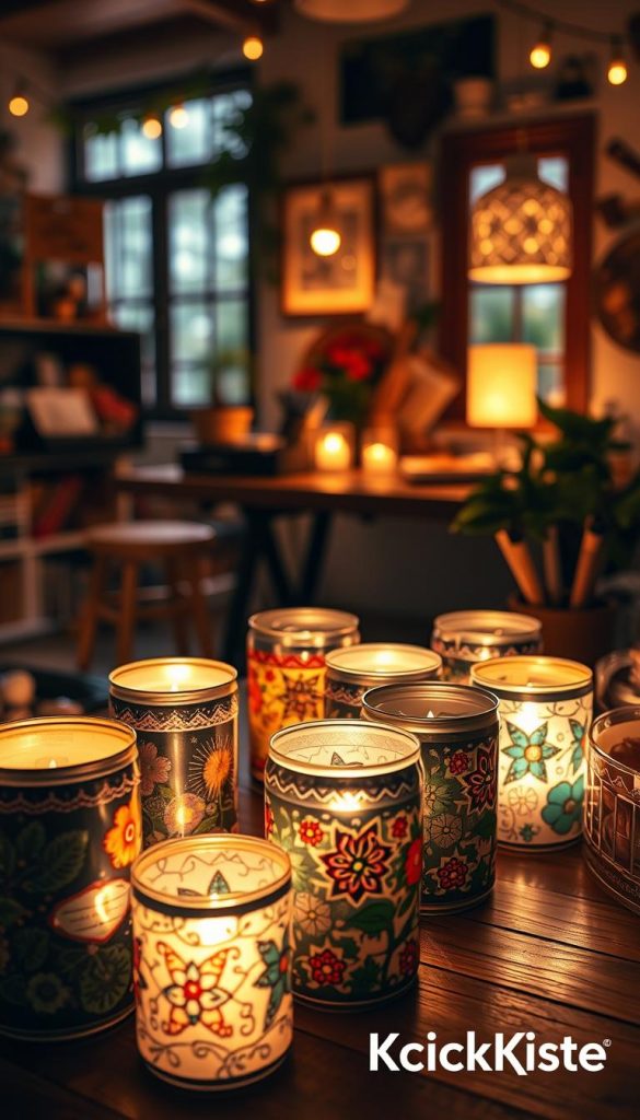 Create an inspiring image of DIY tin can lanterns crafted from recycled beverage cans. In the foreground, showcase beautifully decorated tin cans, illuminated with warm, soft light, featuring intricate patterns and vibrant colors. Some cans can have small candles inside, casting gentle shadows. The middle ground should include various stages of the crafting process, such as tools and supplies like scissors, markers, and beads, emphasizing a hands-on, creative atmosphere. In the background, depict a cozy, well-lit workspace adorned with natural elements like greenery or wooden accents to enhance the Pinterest-inspired aesthetic. Use warm tones to evoke a welcoming and nostalgic mood. This image should embody authenticity and inspiration, with the brand "KlickKiste" subtly integrated into the scene. Create an inspiring image of DIY tin can lanterns crafted from recycled beverage cans. In the foreground, showcase beautifully decorated tin cans, illuminated with warm, soft light, featuring intricate patterns and vibrant colors. Some cans can have small candles inside, casting gentle shadows. The middle ground should include various stages of the crafting process, such as tools and supplies like scissors, markers, and beads, emphasizing a hands-on, creative atmosphere. In the background, depict a cozy, well-lit workspace adorned with natural elements like greenery or wooden accents to enhance the Pinterest-inspired aesthetic. Use warm tones to evoke a welcoming and nostalgic mood. This image should embody authenticity and inspiration, with the brand "KlickKiste" subtly integrated into the scene.