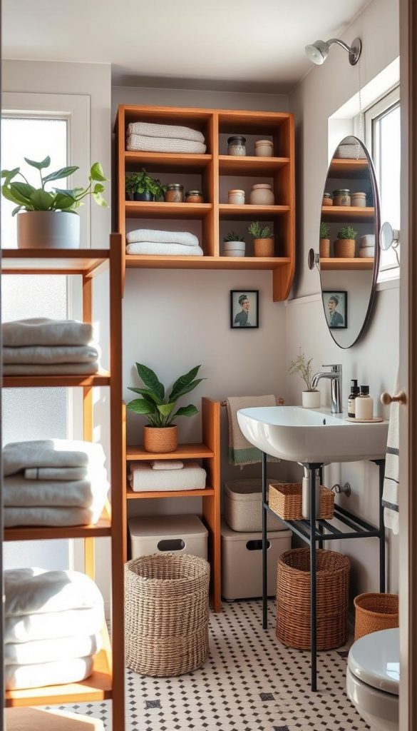 Create an inspiring image of a small, stylish bathroom designed for optimal storage solutions, reflecting the cozy, warm colors typical of a Pinterest aesthetic. In the foreground, display a beautiful wooden shelving unit filled with neatly arranged towels, plants, and decorative jars. In the middle ground, showcase a compact vanity with a modern sink, surrounded by chic storage baskets and an elegant mirror that enhances the light. The background features soft, natural light streaming through a frosted window, illuminating the space and creating a serene atmosphere. Include subtle hints of DIY decor elements to add an authentic touch. Visualize this scene as if it were from a "KlickKiste" home decor catalog, inviting and practical for renters and small spaces. Create an inspiring image of a small, stylish bathroom designed for optimal storage solutions, reflecting the cozy, warm colors typical of a Pinterest aesthetic. In the foreground, display a beautiful wooden shelving unit filled with neatly arranged towels, plants, and decorative jars. In the middle ground, showcase a compact vanity with a modern sink, surrounded by chic storage baskets and an elegant mirror that enhances the light. The background features soft, natural light streaming through a frosted window, illuminating the space and creating a serene atmosphere. Include subtle hints of DIY decor elements to add an authentic touch. Visualize this scene as if it were from a "KlickKiste" home decor catalog, inviting and practical for renters and small spaces.