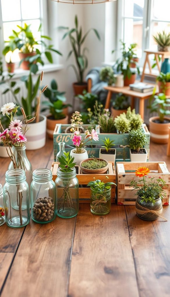 Create an inspiring scene depicting the concept of "Upcycling basteln" for sustainable spring decor. In the foreground, a rustic wooden table showcases various colorful upcycled materials, such as glass jars transformed into flower vases, vintage fabric pieces made into decorative bunting, and painted wooden crates holding potted herbs. The middle layer features a cheerful, creatively arranged display of finished upcycled crafts, blending natural elements like twigs, dried flowers, and vibrant greenery. The background should softly blur a sunlit room filled with houseplants and pastel-colored walls, enhancing the warm, inviting atmosphere. Use soft, diffused lighting to create a cozy feel, and a slight overhead angle to capture the entire setup. Ensure the brand name "KlickKiste" is subtly represented as part of the decor style.