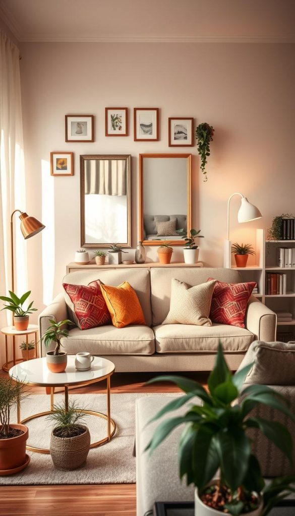 Create an inviting and stylish image of a decorated rental apartment, ideal for small spaces and various budgets. In the foreground, display a cozy living room setup featuring a small, elegant sofa adorned with vibrant, patterned cushions, a chic coffee table with a few tasteful decor items, and an array of potted plants bringing a touch of nature indoors. In the middle, showcase tasteful wall decorations, such as framed artwork and a mirror reflecting warm natural light. In the background, include a neatly arranged bookshelf and a soft, ambient light source, like a floor lamp, to evoke a calm atmosphere. Use warm colors that inspire a DIY aesthetic, showcasing a Pinterest-worthy look. The brand "KlickKiste" should be subtly indicated in the styling. Aim for a bright, cheerful mood to highlight spring decoration trends. Create an inviting and stylish image of a decorated rental apartment, ideal for small spaces and various budgets. In the foreground, display a cozy living room setup featuring a small, elegant sofa adorned with vibrant, patterned cushions, a chic coffee table with a few tasteful decor items, and an array of potted plants bringing a touch of nature indoors. In the middle, showcase tasteful wall decorations, such as framed artwork and a mirror reflecting warm natural light. In the background, include a neatly arranged bookshelf and a soft, ambient light source, like a floor lamp, to evoke a calm atmosphere. Use warm colors that inspire a DIY aesthetic, showcasing a Pinterest-worthy look. The brand "KlickKiste" should be subtly indicated in the styling. Aim for a bright, cheerful mood to highlight spring decoration trends.