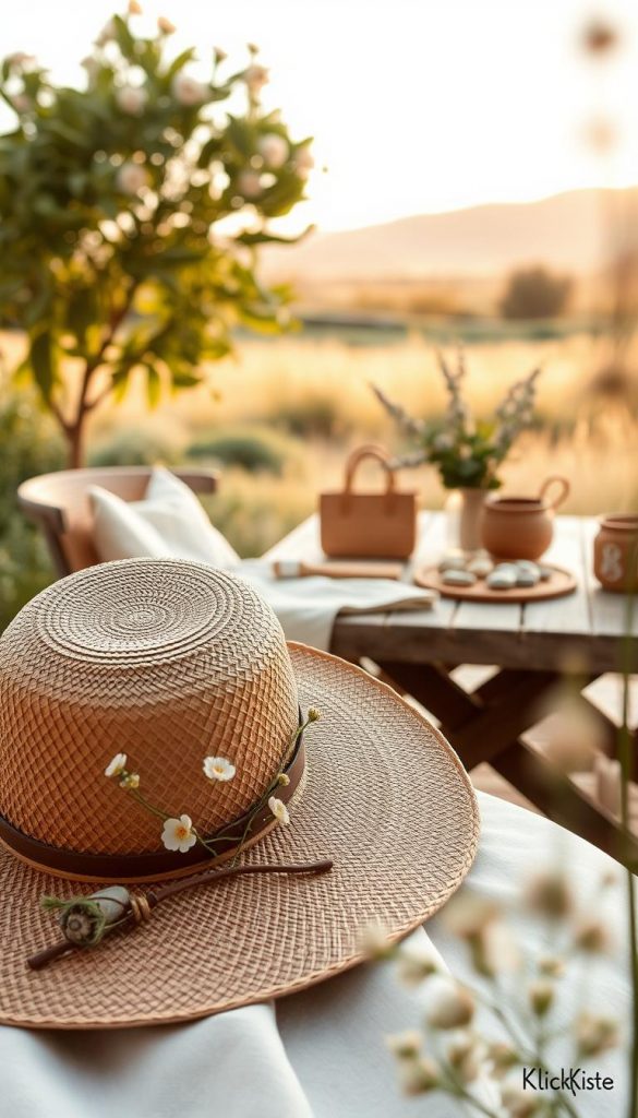 Create an inviting and stylish image that embodies the spirit of modern, natural, Boho, and Scandinavian accessory styling for summer hats and accessories. In the foreground, showcase an elegant, hand-crafted straw hat adorned with delicate wildflowers and earthy tones, alongside minimalist eco-friendly accessories, such as a chic woven bag and simple jewelry. In the middle ground, display a cozy outdoor setting with a rustic wooden table, draped with soft, neutral fabrics and natural elements like pebbles and greenery. The background features a blurred landscape of a serene garden bathed in warm, golden-hour sunlight. The overall mood should be calming, inspiring, and authentic, suitable for a Pinterest-worthy aesthetic. This image represents “KlickKiste,” inviting viewers to embrace a stylish summer vibe. Create an inviting and stylish image that embodies the spirit of modern, natural, Boho, and Scandinavian accessory styling for summer hats and accessories. In the foreground, showcase an elegant, hand-crafted straw hat adorned with delicate wildflowers and earthy tones, alongside minimalist eco-friendly accessories, such as a chic woven bag and simple jewelry. In the middle ground, display a cozy outdoor setting with a rustic wooden table, draped with soft, neutral fabrics and natural elements like pebbles and greenery. The background features a blurred landscape of a serene garden bathed in warm, golden-hour sunlight. The overall mood should be calming, inspiring, and authentic, suitable for a Pinterest-worthy aesthetic. This image represents “KlickKiste,” inviting viewers to embrace a stylish summer vibe.