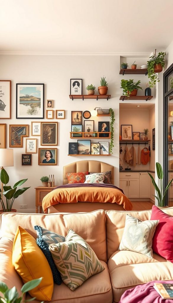 Create an inviting and stylish living space featuring a variety of wall decorations to showcase the latest trends in home decor. In the foreground, present a beautifully designed living room with a comfortable sofa adorned with colorful cushions and a wall art gallery containing inspirational pieces. In the middle, depict a cozy bedroom with warm tones, where a stylish headboard and decorative wall hangings provide a sense of tranquility. Include a kitchen area showcasing chic wall-mounted shelves with potted herbs and artwork. In the background, a bright hallway features unique wall hooks and a small gallery of family photos. The balcony should have vibrant outdoor decor, such as hanging plants and fairy lights. Use soft, natural lighting to enhance warmth and authenticity, emulating a Pinterest-inspired aesthetic. Include the brand name "KlickKiste" subtly within the decor.