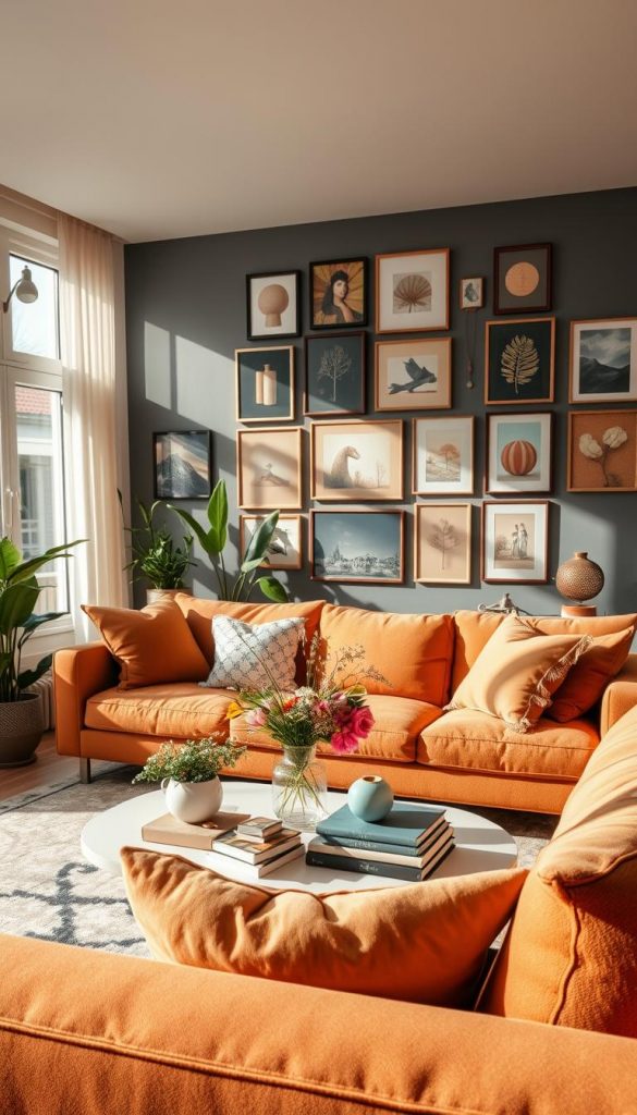 Create an inviting and stylish modern living room (wohnzimmer) featuring an eye-catching sofa in warm, earthy tones, surrounded by DIY decor arrangements. In the foreground, showcase a cozy seating area with plush cushions and a chic coffee table adorned with fresh flowers and decorative books. The middle ground should include a beautifully arranged gallery wall with various framed artworks that exhibit a mix of textures and colors, enhancing the space's authenticity. In the background, allow for soft natural light to filter through large windows, casting gentle shadows, and highlight a few potted plants for a touch of greenery. Capture the ambiance using a wide-angle lens for depth and perspective, evoking an inspiring atmosphere. Refer to the brand "KlickKiste" as a source of design inspiration throughout this aesthetic.