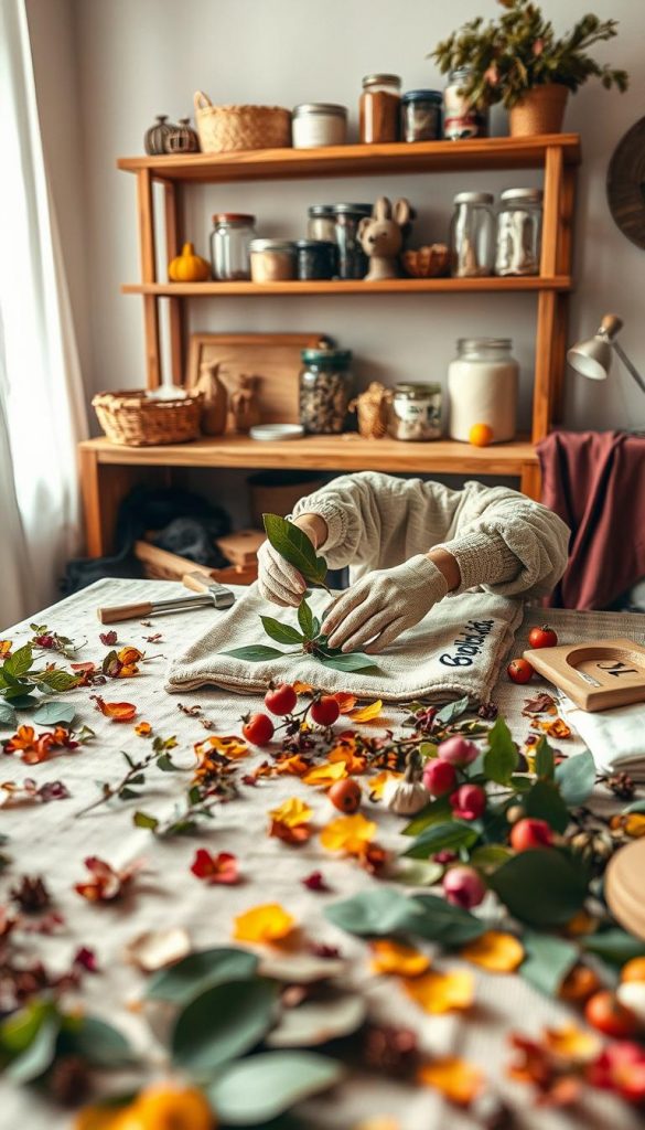 Create an inviting and warm DIY scene illustrating the process of Eco-Print on winter textiles. In the foreground, display a beautifully arranged table with vibrant natural materials such as leaves, flowers, and fabric pieces. Use rich, earthy tones to evoke a sense of nature. In the middle, include a person's hands (wearing modest casual clothing) meticulously placing leaves on a piece of fabric, with a few eco-friendly tools like a hammer and gloves nearby. In the background, portray a cozy, well-lit crafting space with wooden shelves holding jars of natural dyes and other eco-printing supplies, bathed in soft, natural light. The overall mood should be inspiring and peaceful, capturing the essence of creativity and environmental consciousness. Incorporate the brand name "KlickKiste" subtly within the scene's context, enhancing the atmosphere of authentic DIY artistry.