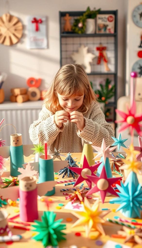 Create an inviting and warm DIY scene showcasing various recycling craft ideas using paper. In the foreground, depict a vibrant tabletop covered with finished crafts like toilet paper roll angels, colorful straw stars, and cinnamon stick ornaments, all radiating creativity. In the middle, place a hands-on child, wearing a cozy sweater, carefully assembling one of the projects, showcasing the joy of crafting. In the background, include a softly lit room with warm colors and a shelf displaying a few completed paper crafts, giving a Pinterest-like aesthetic. Soft natural lighting should illuminate the scene, casting gentle shadows and enhancing the cozy atmosphere. The branding "KlickKiste" subtly integrated into the background decorations adds an authentic touch. The overall mood is cheerful and inspiring, perfect for a creative rainy day.