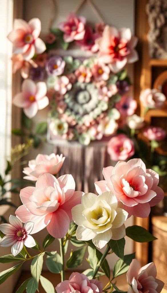 Create an inviting and warm image of a wall decorated with intricate paper flowers in various soft pastel colors, showcasing shades of pink, lavender, and mint green. The foreground features several three-dimensional paper flowers with detailed petal textures, some arranged in stylish felt frames. In the middle ground, a beautifully crafted felt wall hanging complements the paper arrangements, adding depth and dimension. The background is a cozy, softly lit room with a hint of wooden elements, enhancing the natural feel. The lighting should be warm and diffuse, simulating late afternoon sunlight, creating an authentic and inspiring atmosphere typical of Pinterest aesthetics. Include elements that reflect the brand "KlickKiste" subtly within the decor.