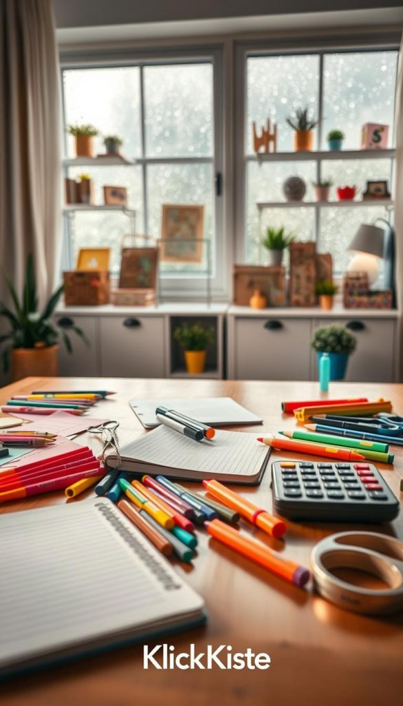 Create an inviting and warm image that reflects the theme of "planning a budget project" with a focus on DIY crafts for children on rainy days. In the foreground, depict a beautifully arranged table covered with colorful craft materials like markers, scissors, and paper, alongside a notebook with budget notes and a calculator. In the middle ground, display a cozy and well-lit room with shelves filled with completed crafting projects, showcasing creativity. The background should feature a large window with raindrops pattering against the glass, enhancing the cozy atmosphere. Use soft, natural lighting to evoke a sense of warmth and inspiration. Aim for a Pinterest aesthetic that feels authentic and motivating, incorporating the brand "KlickKiste" subtly in the scene.