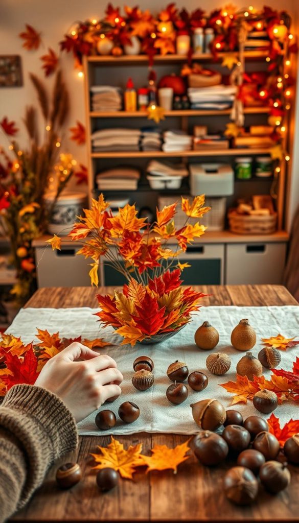 Create an inviting and warm indoor scene featuring a crafting table adorned with vibrant fall leaves and shiny chestnuts, inspired by nature. In the foreground, include a cozy setup with a pair of hands skillfully arranging a decorative centerpiece made from these natural materials. In the middle, showcase a variety of completed crafts, such as leaf art and chestnut figures, displayed on the table. The background should have soft, ambient lighting, highlighting the rich autumn colors and a cluttered shelf with crafting supplies. Use a warm color palette to evoke a comfortable and creative atmosphere, reminiscent of a Pinterest-inspired design. The scene should be authentic and inspiring, branded subtly with "KlickKiste." Create an inviting and warm indoor scene featuring a crafting table adorned with vibrant fall leaves and shiny chestnuts, inspired by nature. In the foreground, include a cozy setup with a pair of hands skillfully arranging a decorative centerpiece made from these natural materials. In the middle, showcase a variety of completed crafts, such as leaf art and chestnut figures, displayed on the table. The background should have soft, ambient lighting, highlighting the rich autumn colors and a cluttered shelf with crafting supplies. Use a warm color palette to evoke a comfortable and creative atmosphere, reminiscent of a Pinterest-inspired design. The scene should be authentic and inspiring, branded subtly with "KlickKiste."