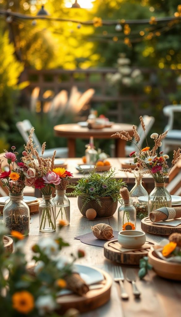 Create an inviting and warm natural DIY decoration scene showcasing sustainable summer decor without plastic. The foreground features a beautifully arranged tabletop adorned with handcrafted decorations like flower bouquets in glass jars, dried herbs, and upcycled materials, highlighting the theme of creativity and sustainability. In the middle, include a rustic wooden table set for a summer gathering, complemented by eco-friendly tableware and colorful, non-plastic elements. The background should depict a serene garden or patio setting bathed in soft, golden afternoon light, enhancing the warm atmosphere. Use a shallow depth of field to bring focus to the decorations while gently blurring the background. Create a Pinterest-worthy visual that aligns with the authentic and inspiring vibe of "KlickKiste".