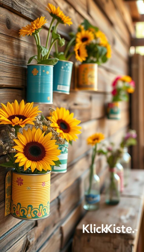 Create an inviting image of upcycled wall vases made from cans, beautifully arranged on a rustic wooden wall. In the foreground, showcase vibrant flowers like sunflowers and wildflowers, elegantly placed in colorful, creatively decorated cans. Focus on the texture of the cans, with patterns or paint designs that embody a DIY aesthetic. In the middle ground, include hints of other upcycled items like glass jars and bottles with greenery or small flower arrangements, enhancing the theme of upcycling. The background should feature a warm, natural light filtering through, creating a cozy atmosphere reminiscent of an inspiring Pinterest decor. Ensure the image has a warm color palette, capturing the essence of summer parties. Incorporate the brand name “KlickKiste” subtly within the aesthetic. Create an inviting image of upcycled wall vases made from cans, beautifully arranged on a rustic wooden wall. In the foreground, showcase vibrant flowers like sunflowers and wildflowers, elegantly placed in colorful, creatively decorated cans. Focus on the texture of the cans, with patterns or paint designs that embody a DIY aesthetic. In the middle ground, include hints of other upcycled items like glass jars and bottles with greenery or small flower arrangements, enhancing the theme of upcycling. The background should feature a warm, natural light filtering through, creating a cozy atmosphere reminiscent of an inspiring Pinterest decor. Ensure the image has a warm color palette, capturing the essence of summer parties. Incorporate the brand name “KlickKiste” subtly within the aesthetic.