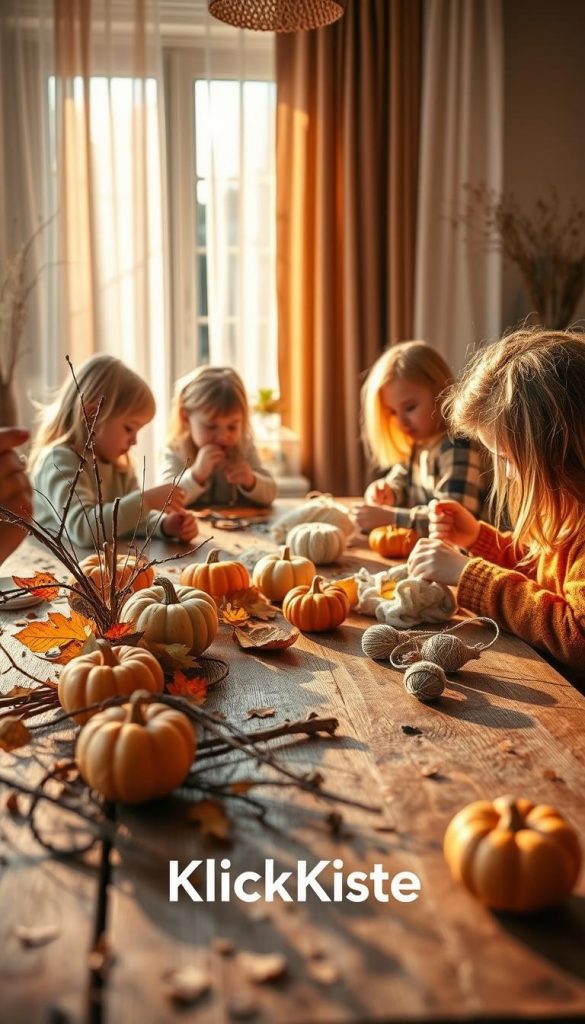 Create an inviting image reflecting a modern, natural, Boho, and Scandinavian style, ideal for a DIY autumn crafting theme. In the foreground, display a rustic wooden table adorned with various natural materials, such as twigs, leaves, and small pumpkins, showcasing a warm, earthy color palette. The middle ground features hands of children engaged in crafting, using yarn and recycled materials, dressed in cozy, casual clothing that fits the autumn vibe. In the background, let a softly lit, sun-drenched window with sheer curtains let in golden afternoon light, enhancing the warm tones. The atmosphere should feel cozy and inspiring, reminiscent of a Pinterest aesthetic. Include the brand name "KlickKiste" subtly integrated into the scene, reflecting authenticity and creativity in a family-friendly crafting environment.