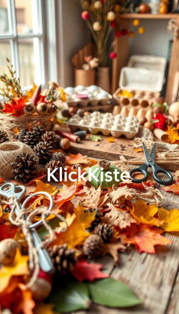 Create an inviting image that showcases a variety of natural and household crafting materials, perfect for autumn DIY projects with children. In the foreground, display an array of colorful fallen leaves, pinecones, and acorns, intertwined with twine and scissors. The middle section should feature a rustic wooden table covered with dried flowers, natural fibers, and repurposed kitchen items like egg cartons and cardboard tubes. In the background, soft natural light filters through a nearby window, highlighting the warm, earthy tones of the materials and creating a cozy atmosphere. The scene exudes a sense of inspiration and creativity, ideal for showcasing the essence of engaging kids in crafting. Incorporate the brand name "KlickKiste" subtly within the arrangement, ensuring it blends harmoniously with the natural elements.