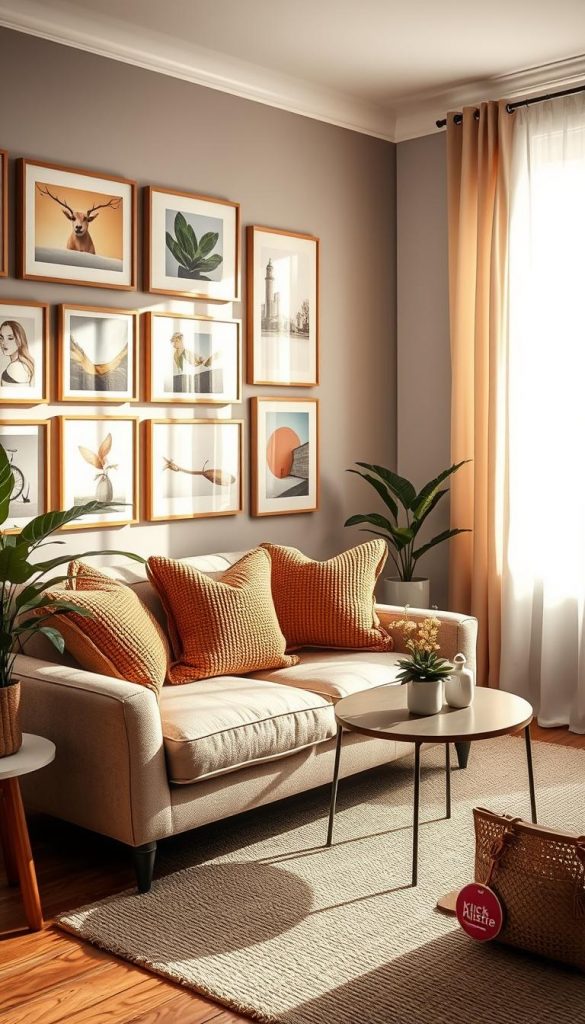 Create an inviting interior scene showcasing a stylish, budget-friendly living space designed for small rooms. In the foreground, place a cozy corner filled with a chic, compact sofa adorned with warm, textured cushions and a small coffee table topped with a few elegant decorative items. The middle ground features a gallery wall with DIY art pieces, showcasing an array of colors that harmonize with the overall warm tone of the room. In the background, include a window with soft, sheer curtains that filter in gentle sunlight, illuminating the space with a soft glow. The overall atmosphere should be authentic and inspiring, reflecting a Pinterest aesthetic. Showcase a brand element from "KlickKiste" subtly integrated within the decor, perhaps in a small plant pot or decorative object. Use natural lighting to enhance the cozy, welcoming feel of the room. Create an inviting interior scene showcasing a stylish, budget-friendly living space designed for small rooms. In the foreground, place a cozy corner filled with a chic, compact sofa adorned with warm, textured cushions and a small coffee table topped with a few elegant decorative items. The middle ground features a gallery wall with DIY art pieces, showcasing an array of colors that harmonize with the overall warm tone of the room. In the background, include a window with soft, sheer curtains that filter in gentle sunlight, illuminating the space with a soft glow. The overall atmosphere should be authentic and inspiring, reflecting a Pinterest aesthetic. Showcase a brand element from "KlickKiste" subtly integrated within the decor, perhaps in a small plant pot or decorative object. Use natural lighting to enhance the cozy, welcoming feel of the room.