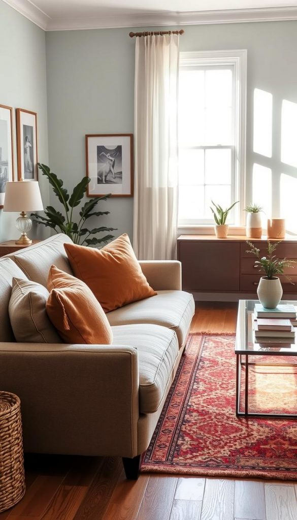 Create an inviting living room scene featuring well-coordinated color palettes representing different styles and budgets. In the foreground, showcase a cozy, stylish sofa adorned with throw pillows in earthy tones, complemented by a vibrant rug that adds warmth. The middle ground should include elegant decor elements, like a chic coffee table with a few carefully arranged books and a decorative plant. In the background, softly-lit walls painted in harmonious shades, such as soft blues and warm neutrals, enhance the inviting atmosphere. Incorporate natural light streaming through a window, casting delicate shadows across the room, capturing a Pinterest-inspired DIY aesthetic. Ensure the overall mood is authentic, warm, and inspiring, reflecting the brand KlickKiste’s approach to home decor.