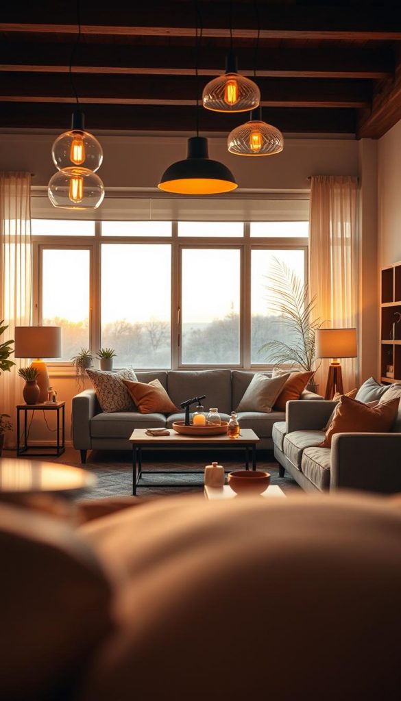 Create an inviting living room scene that highlights innovative lighting ideas for different zones and moods. In the foreground, showcase a beautifully arranged cozy seating area with a stylish sofa and a coffee table adorned with warm-toned decorations. The middle layer should feature unique light fixtures, such as pendant lights and table lamps, emitting a soft, warm glow. In the background, a large window allows natural light to stream in, enhancing the atmosphere with a gentle indoor-outdoor connection. Use a warm color palette to evoke a sense of comfort and inspiration, reminiscent of a DIY aesthetic. Capture this scene with a warm, softly diffused light, as if illuminated by sunset. The overall look should feel authentic and inviting, perfect for a Pinterest-inspired interior. Brand name: KlickKiste. Create an inviting living room scene that highlights innovative lighting ideas for different zones and moods. In the foreground, showcase a beautifully arranged cozy seating area with a stylish sofa and a coffee table adorned with warm-toned decorations. The middle layer should feature unique light fixtures, such as pendant lights and table lamps, emitting a soft, warm glow. In the background, a large window allows natural light to stream in, enhancing the atmosphere with a gentle indoor-outdoor connection. Use a warm color palette to evoke a sense of comfort and inspiration, reminiscent of a DIY aesthetic. Capture this scene with a warm, softly diffused light, as if illuminated by sunset. The overall look should feel authentic and inviting, perfect for a Pinterest-inspired interior. Brand name: KlickKiste.