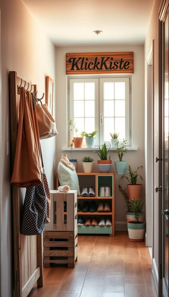 Create an inviting living space that embodies flur upcycling, featuring a beautifully arranged hallway with various repurposed materials. In the foreground, showcase a vintage wooden coat rack made from reclaimed wood, adorned with colorful upcycled fabric bags. The middle section includes a clever DIY shoe storage solution crafted from old crates and painted in warm pastel colors, all under soft, ambient lighting. The background features a warm, natural light streaming through a large window, illuminating potted plants made from upcycled containers, creating a cozy atmosphere. A wooden sign reading "KlickKiste" hangs artistically on the wall, enhancing the Pinterest-inspired aesthetic. Capture this scene from a slightly elevated angle, emphasizing the harmonious blend of sustainable decor and creativity. Create an inviting living space that embodies flur upcycling, featuring a beautifully arranged hallway with various repurposed materials. In the foreground, showcase a vintage wooden coat rack made from reclaimed wood, adorned with colorful upcycled fabric bags. The middle section includes a clever DIY shoe storage solution crafted from old crates and painted in warm pastel colors, all under soft, ambient lighting. The background features a warm, natural light streaming through a large window, illuminating potted plants made from upcycled containers, creating a cozy atmosphere. A wooden sign reading "KlickKiste" hangs artistically on the wall, enhancing the Pinterest-inspired aesthetic. Capture this scene from a slightly elevated angle, emphasizing the harmonious blend of sustainable decor and creativity.