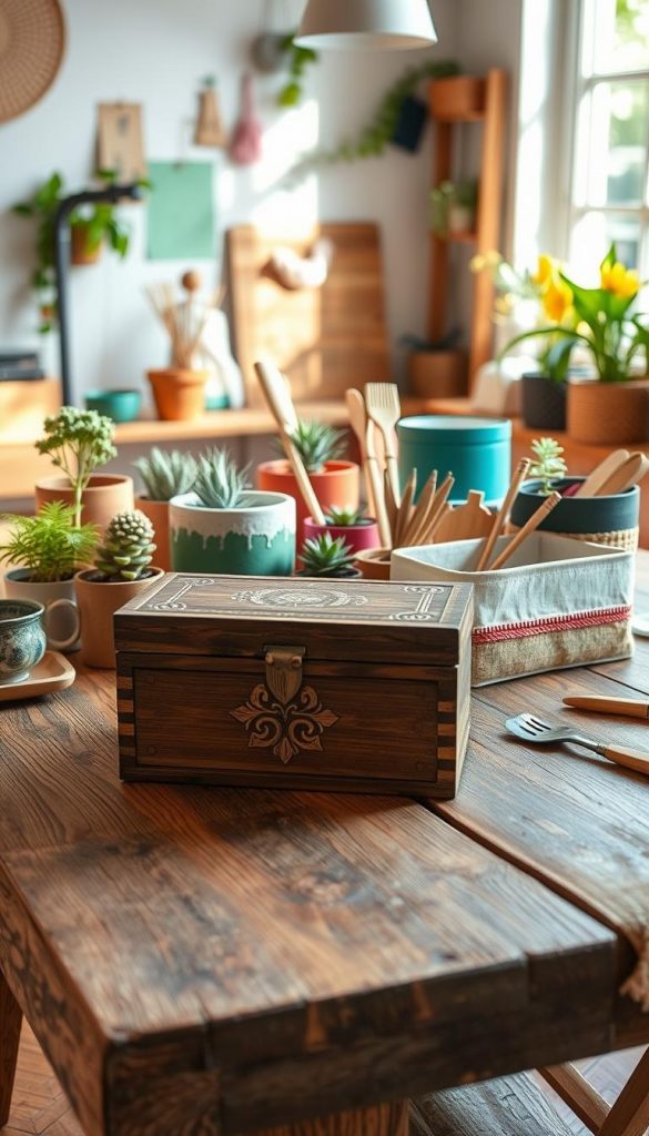 Create an inviting scene featuring a collection of handmade boxes made from sustainable materials, like recycled wood and fabric, arranged aesthetically on a rustic wooden table. In the foreground, focus on a beautifully crafted box with intricate designs showcasing its craftsmanship. In the middle, show a variety of upcycled containers with vibrant colors and textures, surrounded by natural elements like potted plants and small tools for DIY projects. The background should include a soft, cozy workspace filled with warm, natural lighting that highlights the DIY spirit. Aim for a Pinterest-worthy look, emphasizing authenticity and inspiration, showcasing the brand "KlickKiste" subtly within the environment. The mood should be cheerful and inspiring, encouraging creativity in small living spaces.
