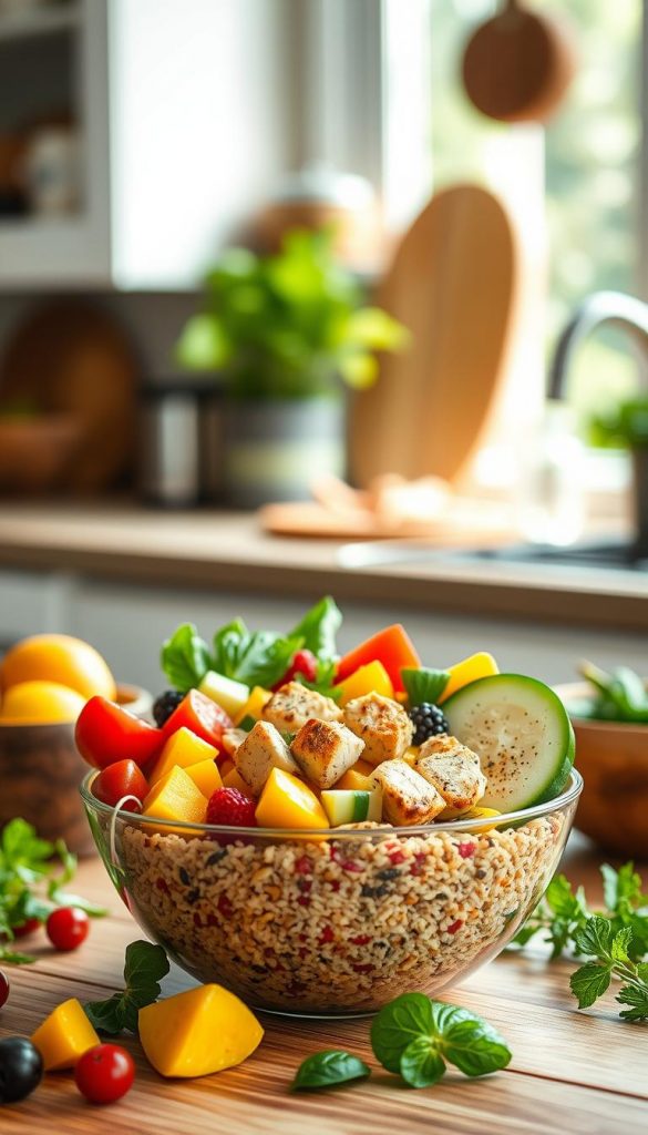 Create an inviting summer bowl arrangement featuring a vibrant array of ingredients. In the foreground, showcase a colorful bowl filled with a base of quinoa or brown rice, topped with neatly arranged grilled chicken or tofu slices for protein. Surround this with an assortment of fresh vegetables, like cherry tomatoes, cucumber slices, and bell peppers, interspersed with seasonal fruits such as berries and mango chunks. In the background, create a soft-focus kitchen countertop setting with natural light flooding in, highlighting earthy tones and warm, inviting colors. The atmosphere should be fresh and inspiring, emulating a Pinterest-style aesthetic. Subtly incorporate brand elements of "KlickKiste" in the presentation without overshadowing the bowl itself. The composition should evoke a sense of wholesome summer freshness and creativity in meal preparation. Create an inviting summer bowl arrangement featuring a vibrant array of ingredients. In the foreground, showcase a colorful bowl filled with a base of quinoa or brown rice, topped with neatly arranged grilled chicken or tofu slices for protein. Surround this with an assortment of fresh vegetables, like cherry tomatoes, cucumber slices, and bell peppers, interspersed with seasonal fruits such as berries and mango chunks. In the background, create a soft-focus kitchen countertop setting with natural light flooding in, highlighting earthy tones and warm, inviting colors. The atmosphere should be fresh and inspiring, emulating a Pinterest-style aesthetic. Subtly incorporate brand elements of "KlickKiste" in the presentation without overshadowing the bowl itself. The composition should evoke a sense of wholesome summer freshness and creativity in meal preparation.