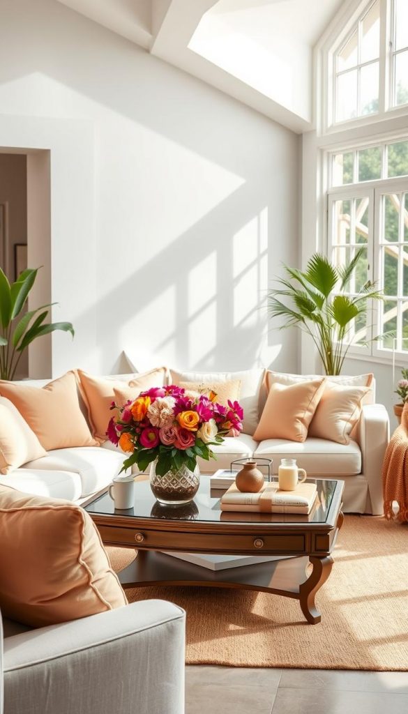 Create an inviting summer living room scene that showcases a harmonious blend of matte color palettes. In the foreground, feature a cozy sofa adorned with soft cushions in warm pastel tones, surrounded by accent throws. The middle ground should include an elegant coffee table topped with a vase of fresh flowers in vibrant shades, along with a few tasteful decor items. In the background, showcase a feature wall painted in a soothing, complementary hue, highlighted by natural light streaming through large windows. The overall atmosphere should feel warm, inspiring, and authentically DIY, reminiscent of a Pinterest aesthetic. Use a soft focus lens effect to capture the essence of a bright summer day, embodying the essence of "KlickKiste".