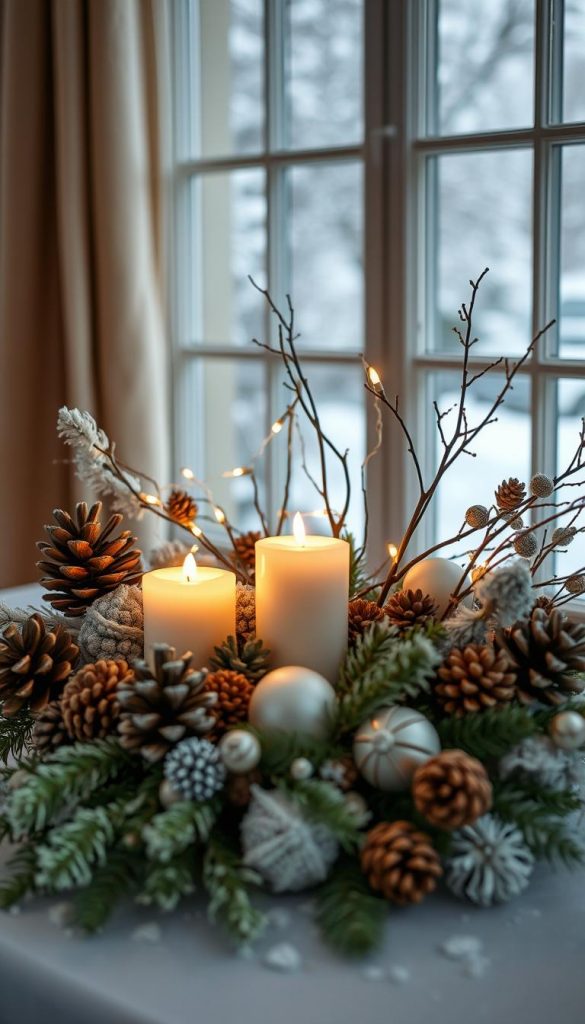 Create an inviting winter decoration scene featuring a harmonious color palette inspired by nature, incorporating warm earthy tones of browns, greens, and soft whites. In the foreground, display a decorative arrangement of pinecones, twigs, and natural ornaments elegantly layered together. In the middle, include softly glowing candles and fairy lights weaving through the arrangement, casting a warm and cozy glow. The background should showcase a softly blurred window with a snowy landscape outside, enhancing the tranquility of the setting. Utilize soft, diffused lighting to create an intimate atmosphere, captured from a slightly elevated angle to emphasize the details of the decor. The overall feel should be authentic and inspiring, embodying a Pinterest-worthy aesthetic perfect for winter themes, reflecting the trademark style of KlickKiste.