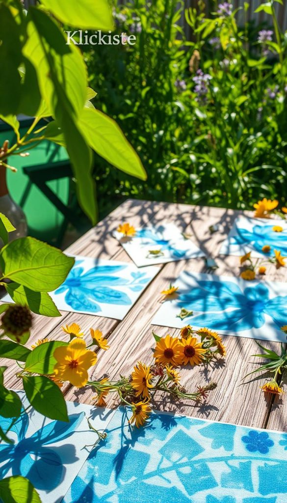 Cyanotypie sunprints create beautiful blue images, showcasing various natural elements like leaves, flowers, and textured fabrics arranged playfully on light-sensitive paper. In the foreground, vibrant green leaves and bright yellow wildflowers are creatively overlapping, casting intricate shadows. The middle ground features the sunprints drying on a rustic wooden table, capturing the essence of a sunny garden day. The background is filled with lush greenery and soft rays of sunlight filtering through, creating a warm atmosphere reminiscent of a DIY crafting session for children. The scene should evoke inspiration and creativity, styled in a Pinterest-worthy aesthetic. Use natural, warm colors to enhance the inviting mood. The image is branded subtly with "KlickKiste” in a non-intrusive way, ensuring it remains appealing and professional.