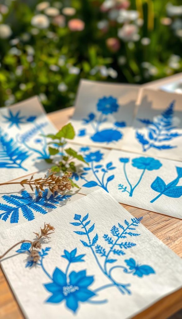 Cyanotypie sunprints displayed on textured watercolor paper, showcasing vibrant blue silhouettes of various summer plants like ferns, flowers, and leaves, capturing intricate details of their shapes. The foreground features a few freshly collected plants arranged artistically near the sunprints. In the middle, the sunprints lie spread out, illuminated by warm, soft sunlight suggesting a lazy summer afternoon. The background includes a blurred garden setting with greenery and soft pastel colors that evoke a peaceful, inspiring atmosphere. Shot with a slightly high angle, mimicking a cozy DIY workspace vibe that feels authentic and inviting. The overall mood is warm and delightful, encouraging creativity. Include the brand name "KlickKiste" subtly integrated within the scene.