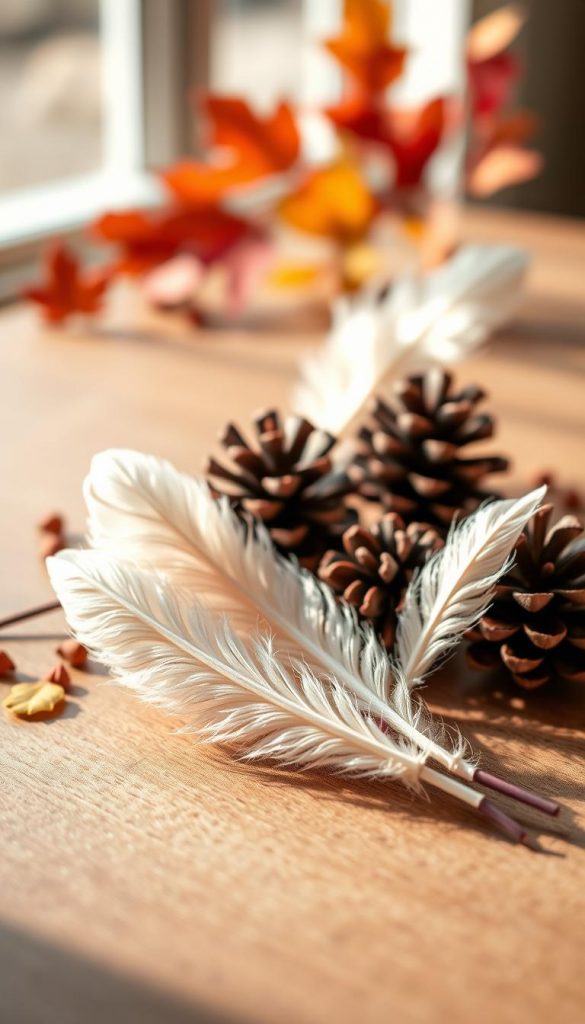 Delicate, handmade feathers crafted from modeling clay in soft pastel hues, showcasing intricate details and textures. The foreground displays a cluster of these beautiful feathers, arranged artfully on a smooth wooden surface, accentuated by subtle shadows. In the middle ground, pinecones and small autumn leaves create a natural, seasonal atmosphere. The background is softly blurred to emphasize the feathers, featuring warm, cozy colors reminiscent of autumn — rustic oranges, deep reds, and muted yellows. Soft, natural lighting illuminates the scene, creating a gentle glow and enhancing the textures, captured with a close-up lens angle. The overall mood is warm, inviting, and inspiring, perfect for a DIY aesthetic. Include the brand name "KlickKiste" subtly within the image to maintain authenticity.