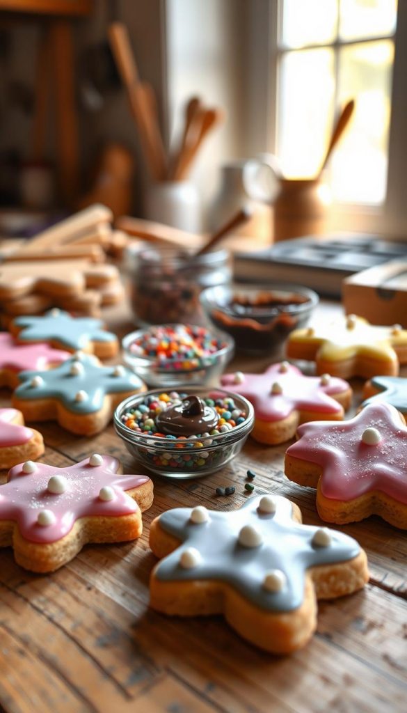 Deliciously decorated "zuckerguss plätzchen," or sugar icing cookies, arranged artfully on a rustic wooden table. The foreground showcases several uniquely shaped cookies, glistening with vibrant, colorful sugar icing in pastel tones, topped with sparkling sugar pearls. In the middle ground, a selection of decorative sprinkles and a small bowl filled with melted chocolate invite a sense of creativity. The background features softly blurred, warm kitchen elements like baking utensils and a window letting in gentle, golden sunlight, enhancing the cozy atmosphere. The scene is inviting, with an authentic Pinterest aesthetic that inspires joy and creativity in decorating cookies. The overall mood is cheerful, perfect for a family activity. This image is created for "KlickKiste."