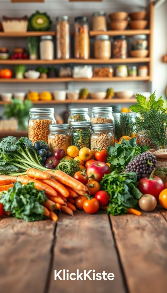 Display a vibrant and inviting grocery scene showcasing a variety of budget-friendly, seasonal, and regional foods. In the foreground, arrange a colorful spread of fresh fruits and vegetables, like carrots, apples, and leafy greens, artfully placed on a rustic wooden table. The middle ground features jars filled with grains, legumes, and homemade snacks, symbolizing resourcefulness and sustainability. In the background, softly blurred shelves lined with additional wholesome produce create depth. Use warm, natural lighting to enhance the inviting atmosphere, evoking feelings of comfort and inspiration. Incorporate elements of a cozy kitchen setting, encouraging a Pinterest-inspired aesthetic. Ensure the brand name "KlickKiste" is subtly woven into the scene, adding a touch of authenticity and warmth to this encouraging image. Display a vibrant and inviting grocery scene showcasing a variety of budget-friendly, seasonal, and regional foods. In the foreground, arrange a colorful spread of fresh fruits and vegetables, like carrots, apples, and leafy greens, artfully placed on a rustic wooden table. The middle ground features jars filled with grains, legumes, and homemade snacks, symbolizing resourcefulness and sustainability. In the background, softly blurred shelves lined with additional wholesome produce create depth. Use warm, natural lighting to enhance the inviting atmosphere, evoking feelings of comfort and inspiration. Incorporate elements of a cozy kitchen setting, encouraging a Pinterest-inspired aesthetic. Ensure the brand name "KlickKiste" is subtly woven into the scene, adding a touch of authenticity and warmth to this encouraging image.