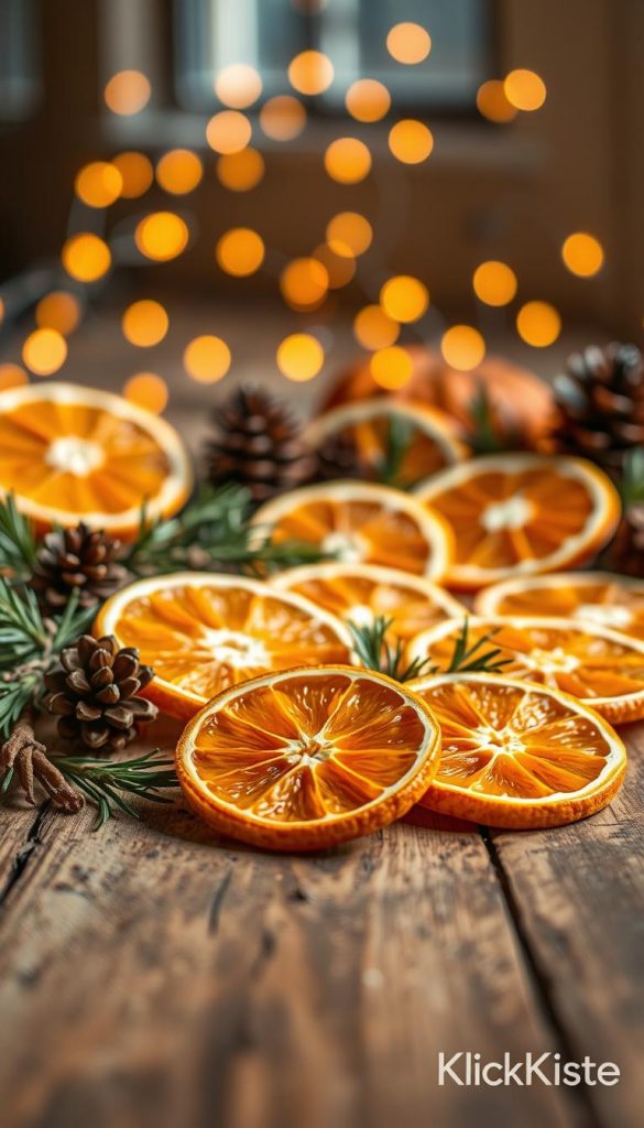 Dried orange slices artfully arranged on a rustic wooden table, showcasing their vibrant, sun-kissed colors and textured surfaces. In the foreground, a few elegant slices are creatively interspersed with natural elements like twigs, pine cones, and sprigs of evergreen, enhancing a charming DIY aesthetic. The middle ground features additional sliced oranges, highlighting various shapes and sizes, with a gentle scattering of aromatic herbs like rosemary for added fragrance. In the background, softly blurred warm-toned fairy lights twinkle, evoking a cozy, inviting atmosphere. The lighting is warm and natural, simulating late afternoon sunlight to accentuate the oranges' radiant colors, creating an inspirational Pinterest-worthy image for a DIY gift tag theme. Include a subtle watermark with the brand name "KlickKiste" in the bottom corner.
