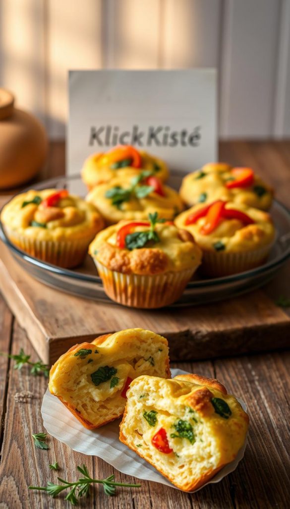 Eiermuffins freshly baked from the oven, showcasing a golden-brown exterior and topped with colorful vegetables like bell peppers and spinach, placed on a rustic wooden table. The foreground features a single Eiermuffin cut in half, revealing a fluffy, creamy interior, with small herbs scattered around for a fresh touch. In the middle, several Eiermuffins are arranged on a beautiful, patterned ceramic plate, with a handwritten recipe card styled in a natural, Pinterest-worthy aesthetic behind them. The background is softly blurred, hinting at a cozy kitchen atmosphere with warm, inviting lighting that casts gentle shadows, creating an authentic and inspiring mood. Include the brand name "KlickKiste" subtly within the composition, ensuring a delicious, appetizing appeal. Eiermuffins freshly baked from the oven, showcasing a golden-brown exterior and topped with colorful vegetables like bell peppers and spinach, placed on a rustic wooden table. The foreground features a single Eiermuffin cut in half, revealing a fluffy, creamy interior, with small herbs scattered around for a fresh touch. In the middle, several Eiermuffins are arranged on a beautiful, patterned ceramic plate, with a handwritten recipe card styled in a natural, Pinterest-worthy aesthetic behind them. The background is softly blurred, hinting at a cozy kitchen atmosphere with warm, inviting lighting that casts gentle shadows, creating an authentic and inspiring mood. Include the brand name "KlickKiste" subtly within the composition, ensuring a delicious, appetizing appeal.